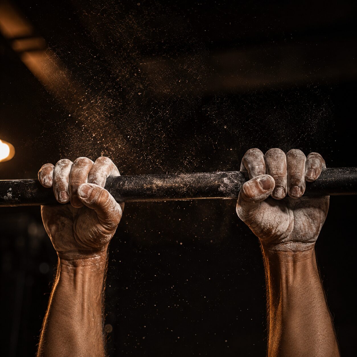 Chalked hands gripping the pull-up bar