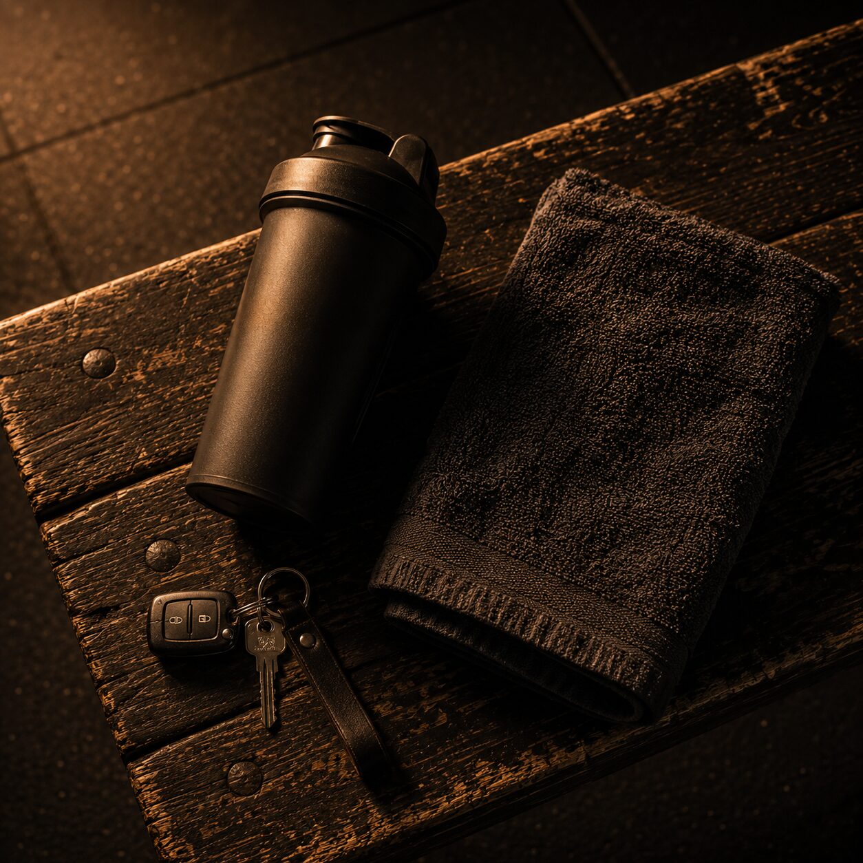 Shaker, keys and towel on a bench
