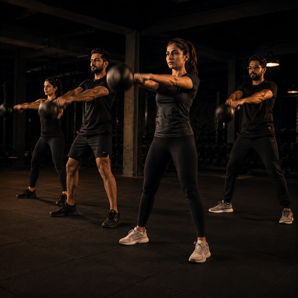 Group class mid kettlebell swing