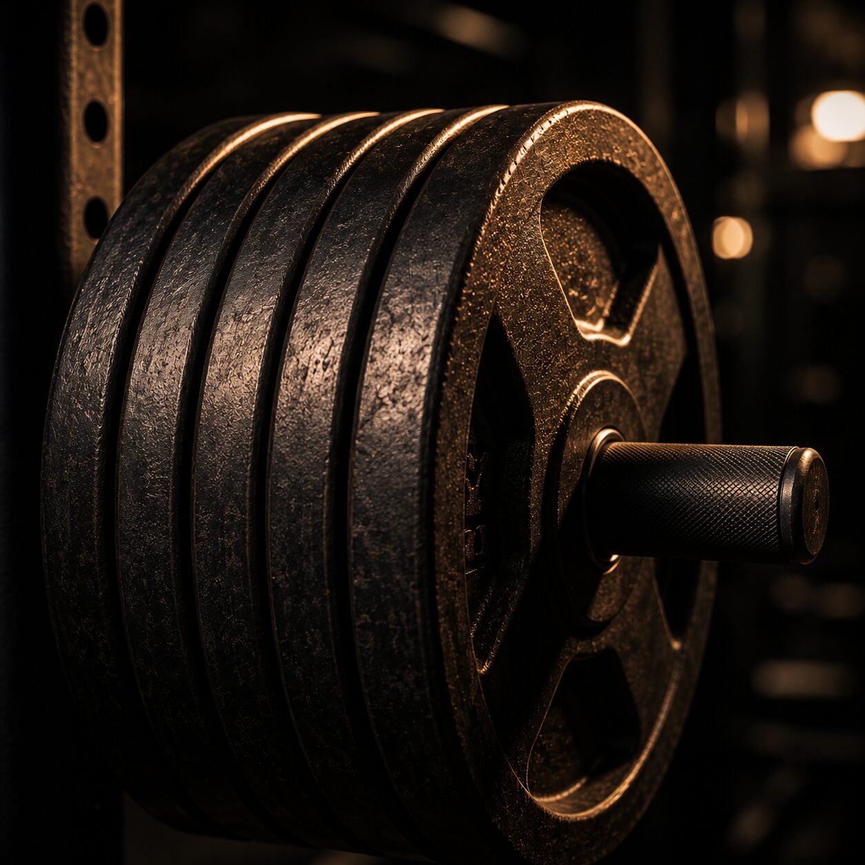 Weight plates stacked on the rack